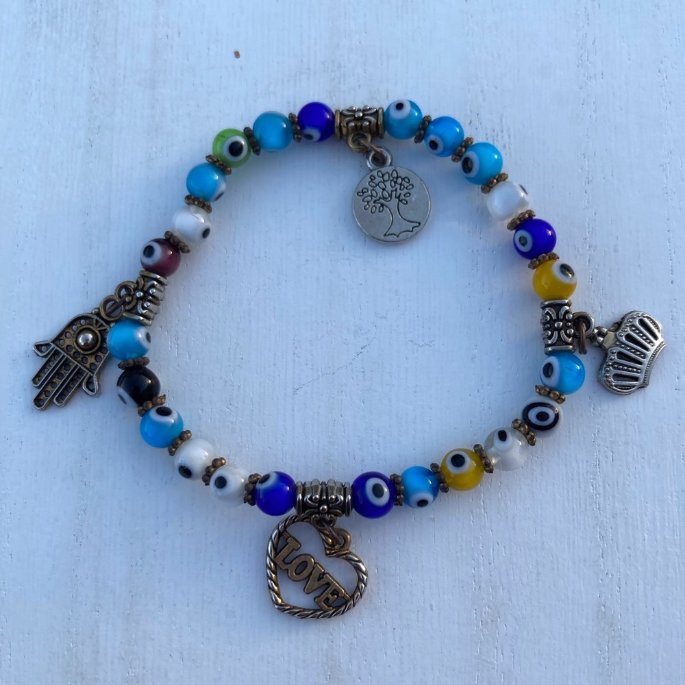 Charm bracelet Evil Eye beads multicolored Charms Hamsa Heart Crown